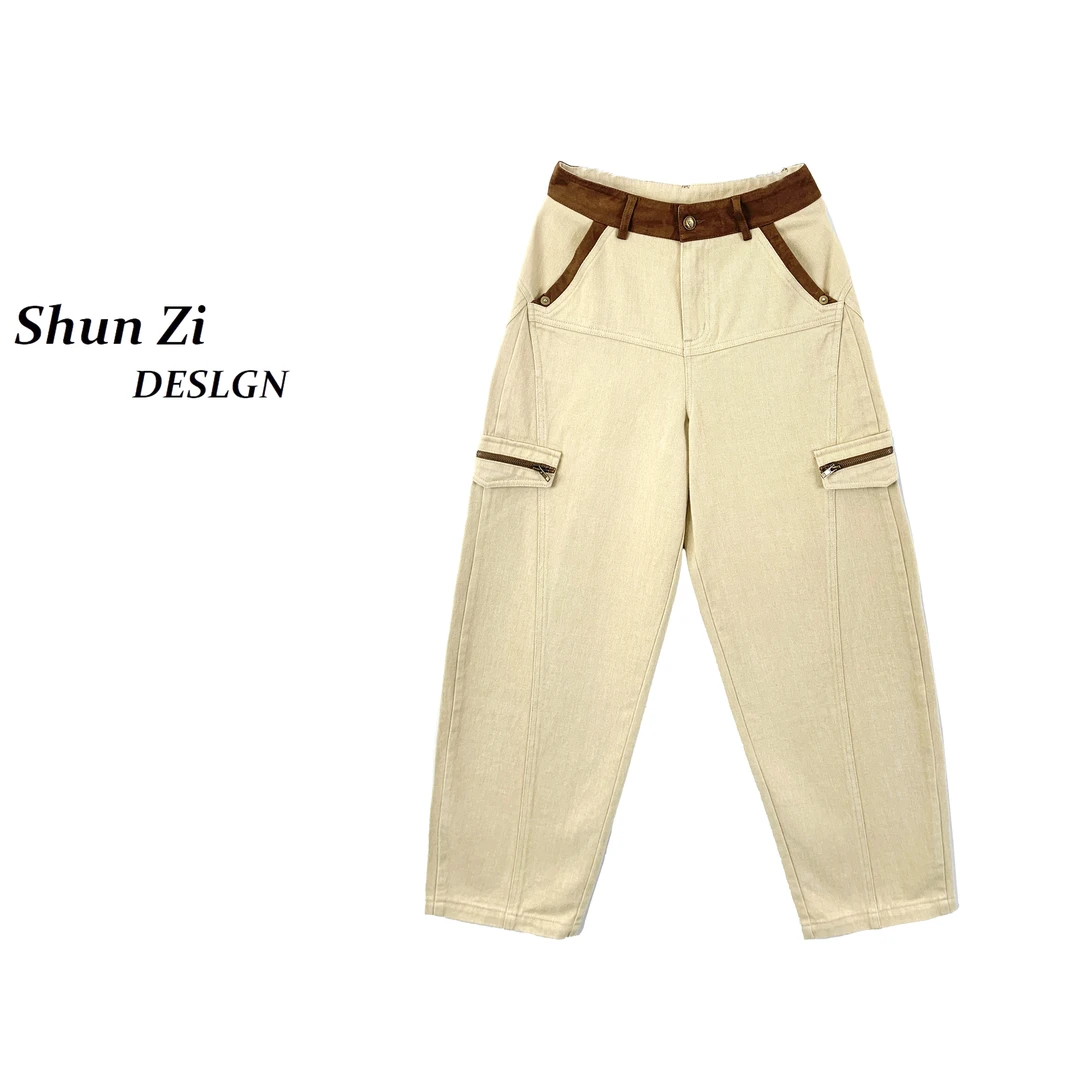 顺子/SZ188083-1 2025年春季新款时尚复古撞色拼接腰头弯刀工装裤