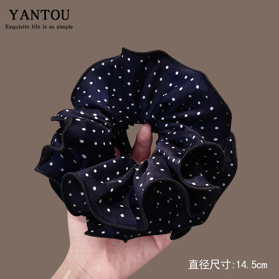 藏蓝波点双层大肠发圈女新款气质显白丸子头扎发皮筋耐用发绳头绳