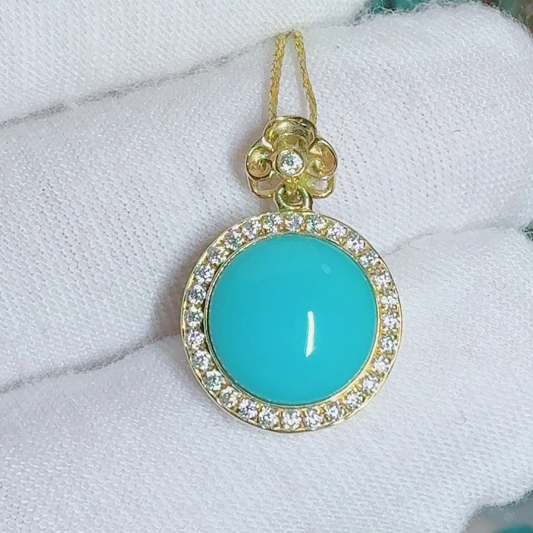 绿松石18K金镶嵌珠宝奇石精致正圆吊坠