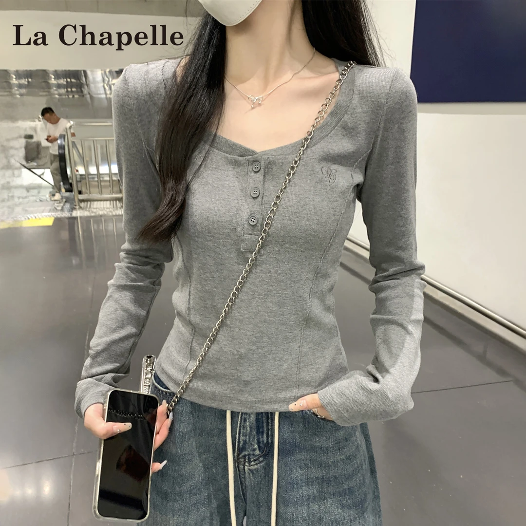 拉夏贝尔韩版修身正肩长袖t恤女2025秋季新款鱼骨设计感显瘦上衣