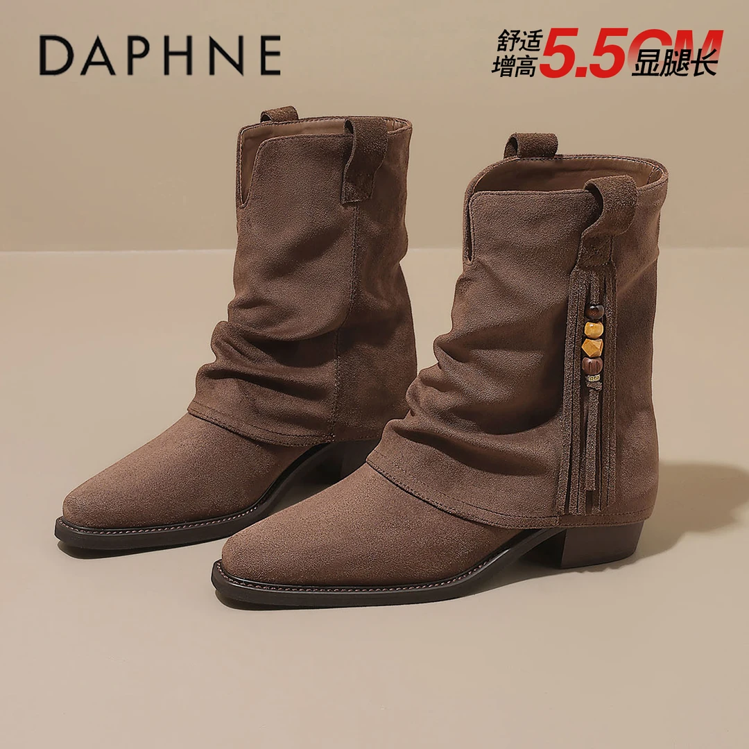 达芙妮尖头堆堆靴女2025秋季新款复古美拉德西部靴粗跟短靴马丁靴