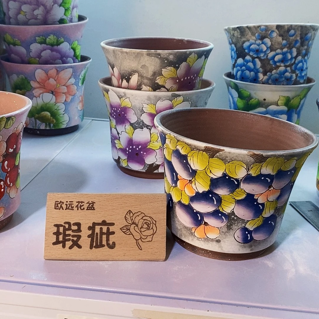 紫砂花盆红陶手绘花盆