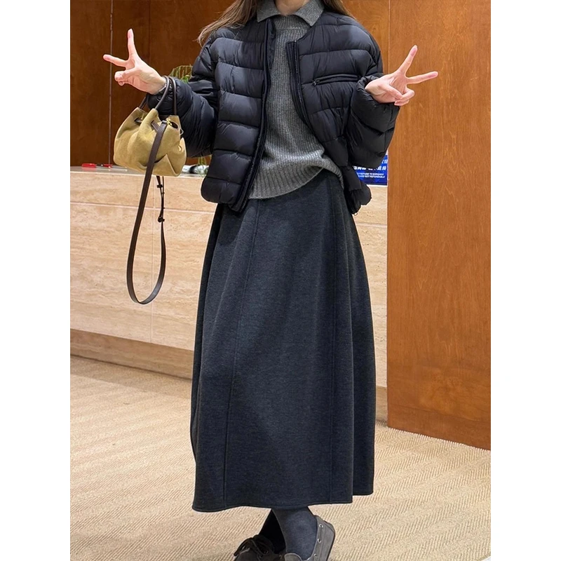 深灰色加厚毛呢半身裙女秋冬2025新款松紧腰遮垮显瘦A字中长伞裙