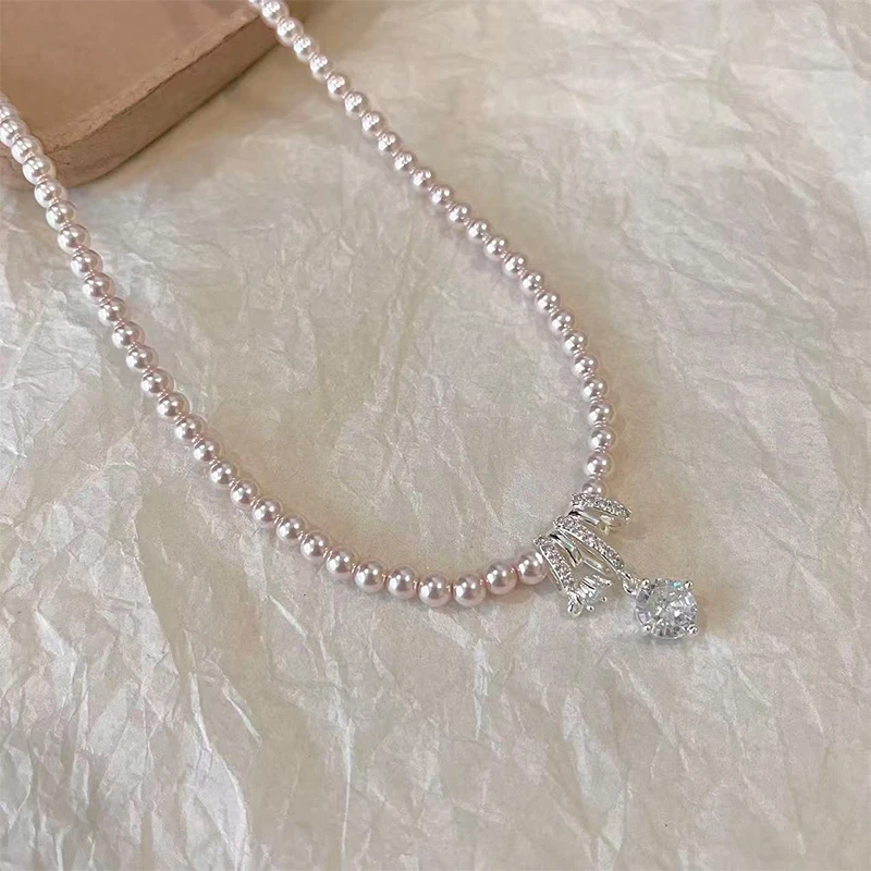 铜合金仿珍珠项链 高级感贝珠闪钻锁骨链女温柔气质轻奢颈链7121