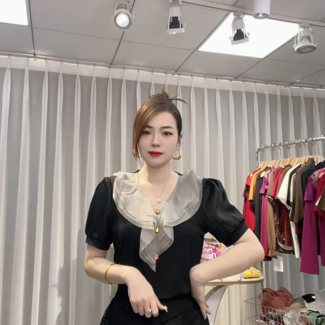 大美小美 微胖MM荷叶边蕾丝气质娃娃领显瘦法式上衣