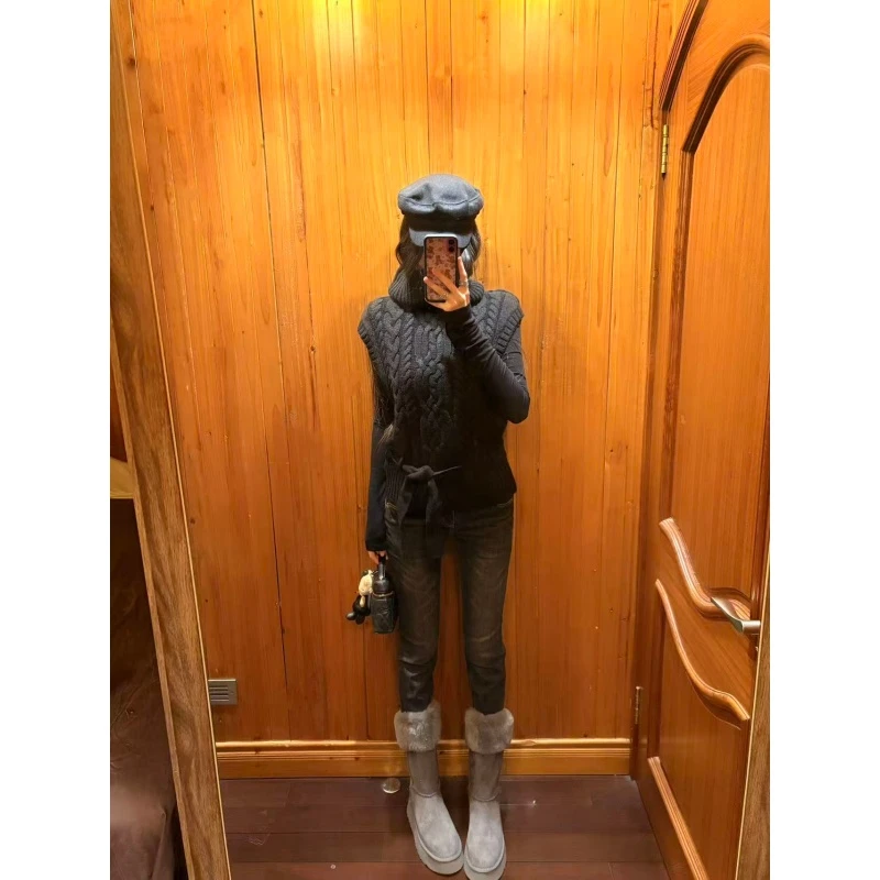 韩系气质百搭修身上衣秋冬高领慵懒软糯针织衫高腰休闲长裤三件套