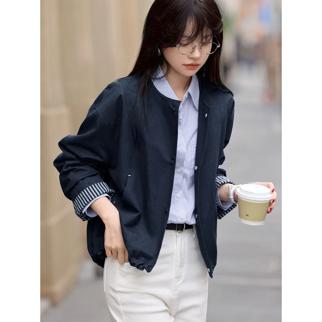 沫晗依美休闲韩版翻袖棒球服2025秋新款条纹拼接圆领显瘦外套5218