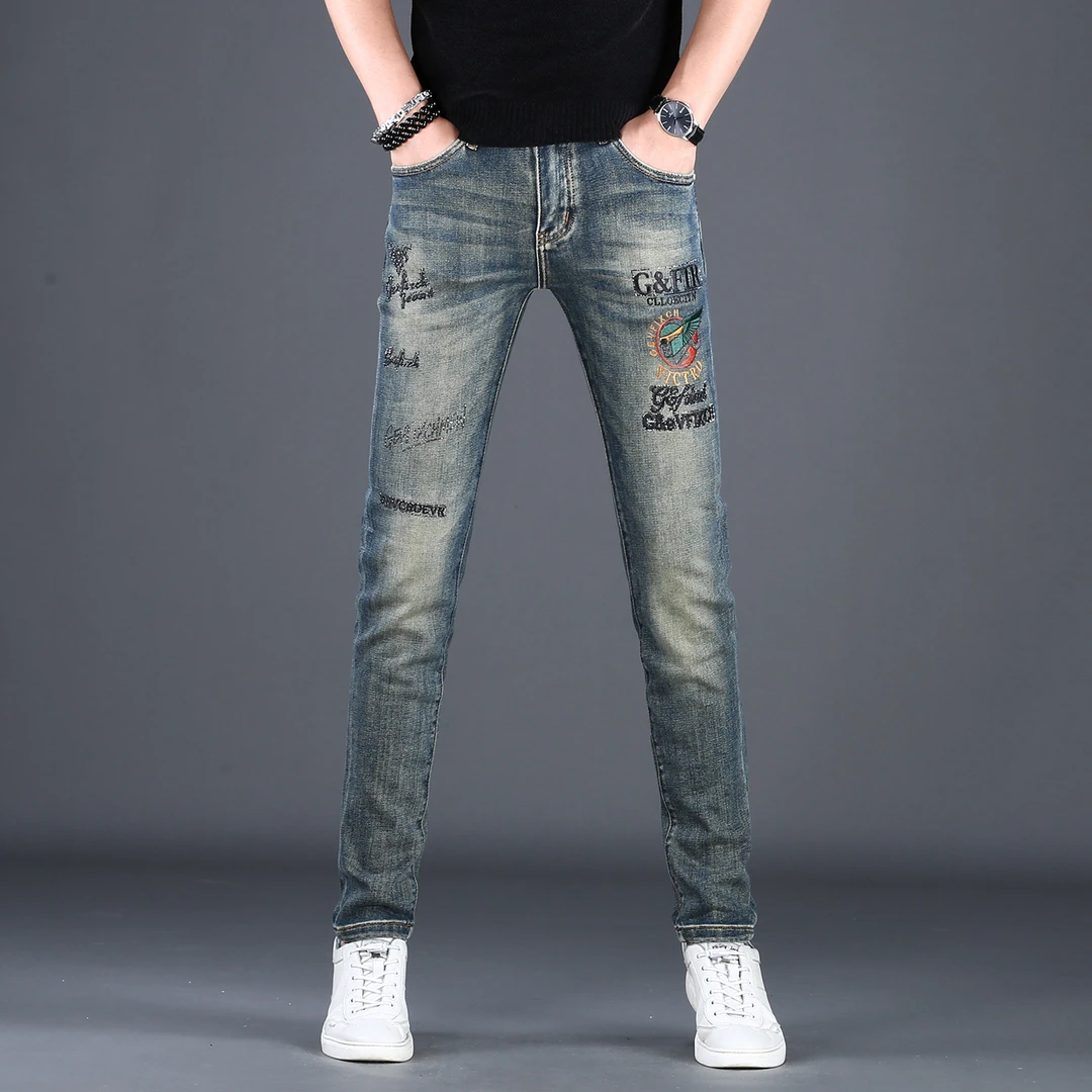高档欧货秋冬牛仔裤男款修身小脚潮牌弹力个性时尚刺绣男士长裤子