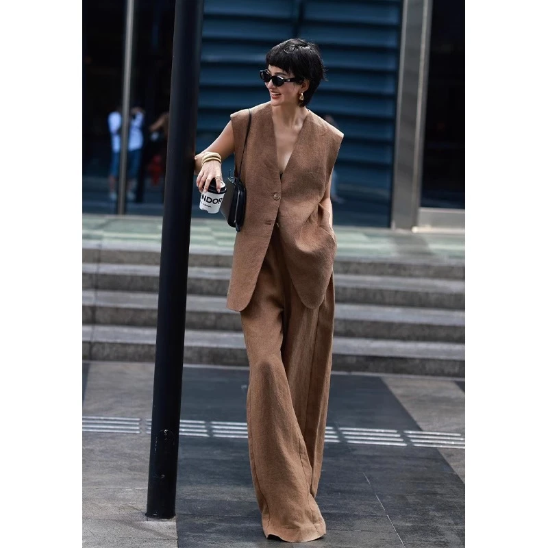 老钱风亚麻马甲两件套装女夏复古休闲松弛感百搭咖色上衣阔腿长裤