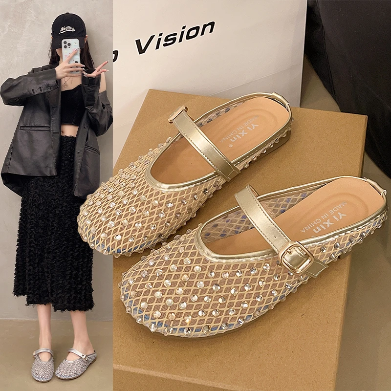 夏天水钻玛丽珍包头拖鞋女2025新款夏季外穿小香风半托单鞋凉拖鞋