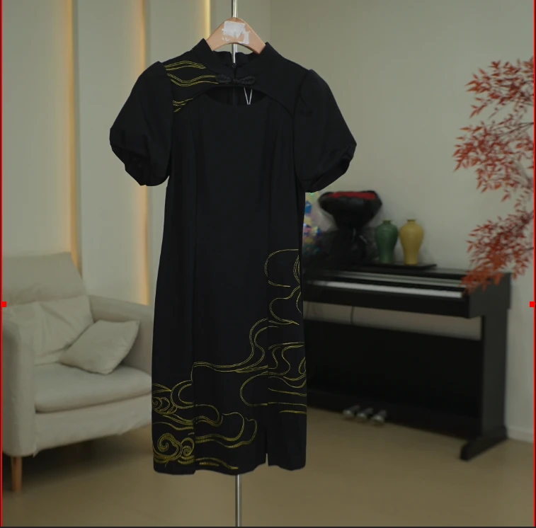 SM092 新中式盘扣立领印花连衣裙女 0322114080