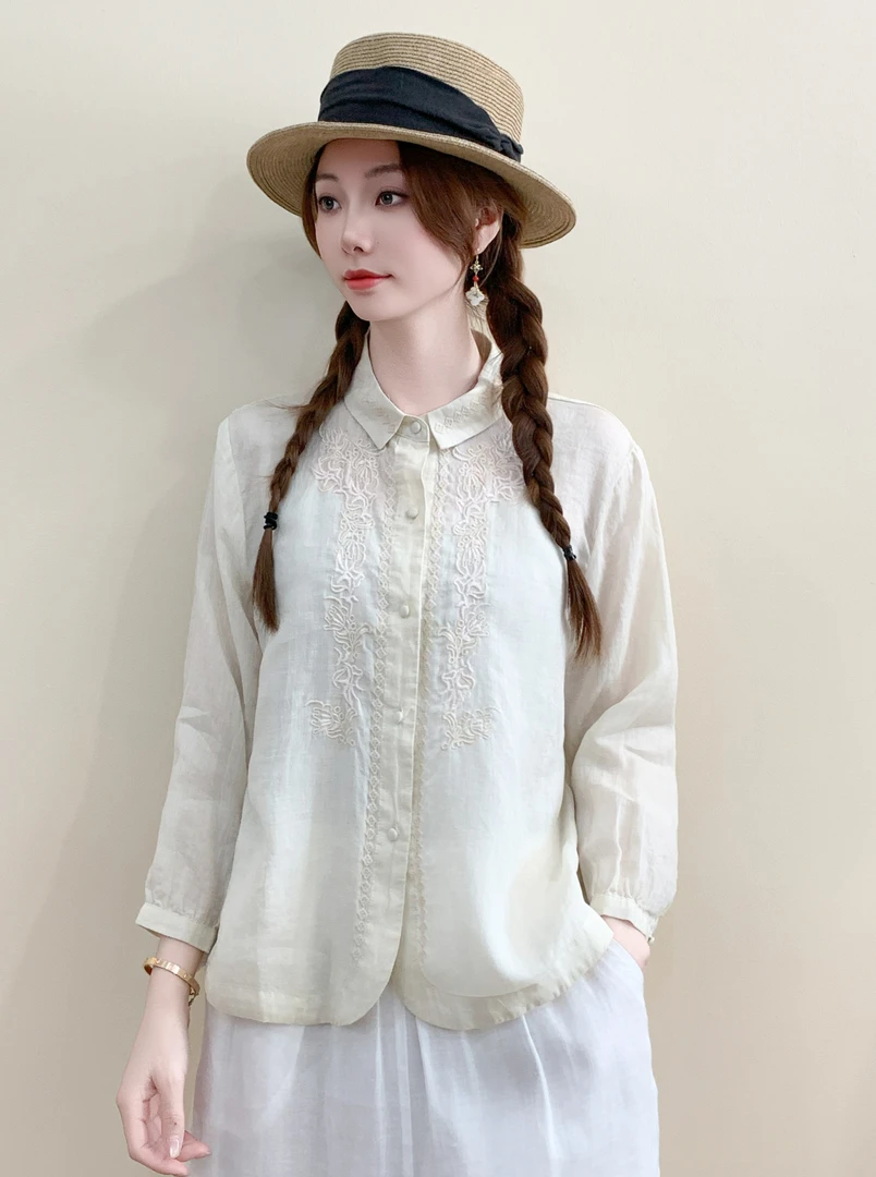 新中式女装春装新款复古翻领七分袖上衣苎麻刺绣开衫