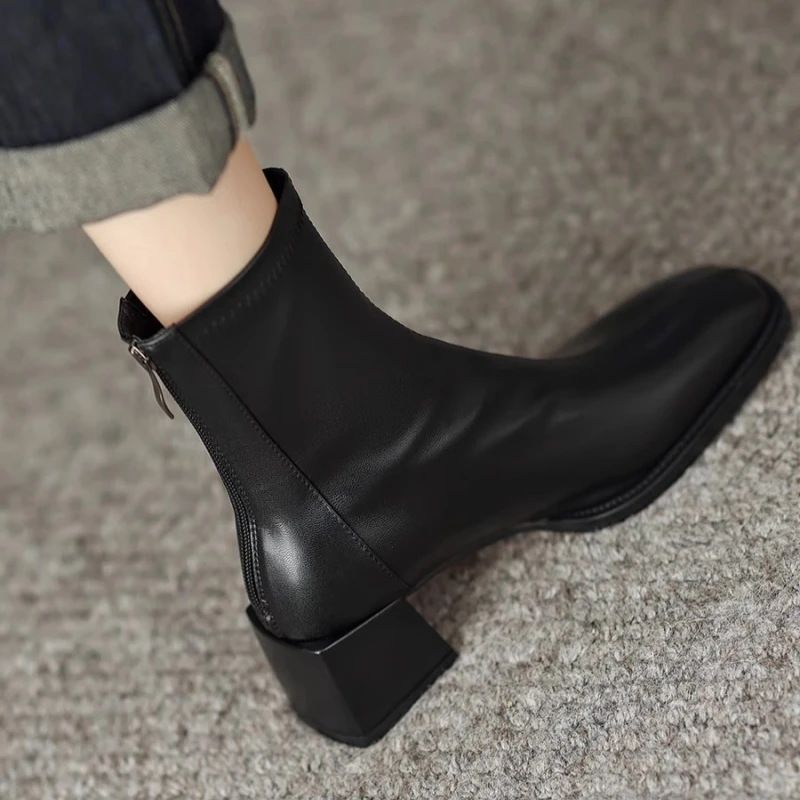 Moleubak复古粗高跟方头短靴子瘦腿气质百搭瘦瘦靴女靴弹力靴5cm