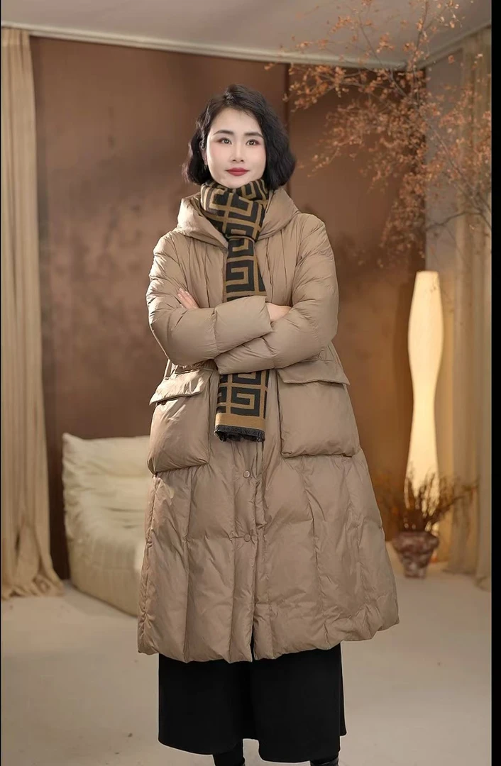 【舒禾】90%白鸭绒舒禾大口袋羽绒服连帽过膝中长款时尚外套女