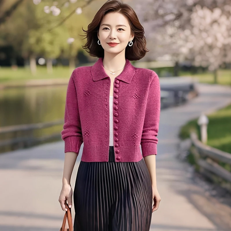 洋气时尚高腰短款长袖毛衣外套女秋冬气质百搭翻领针织开衫上衣