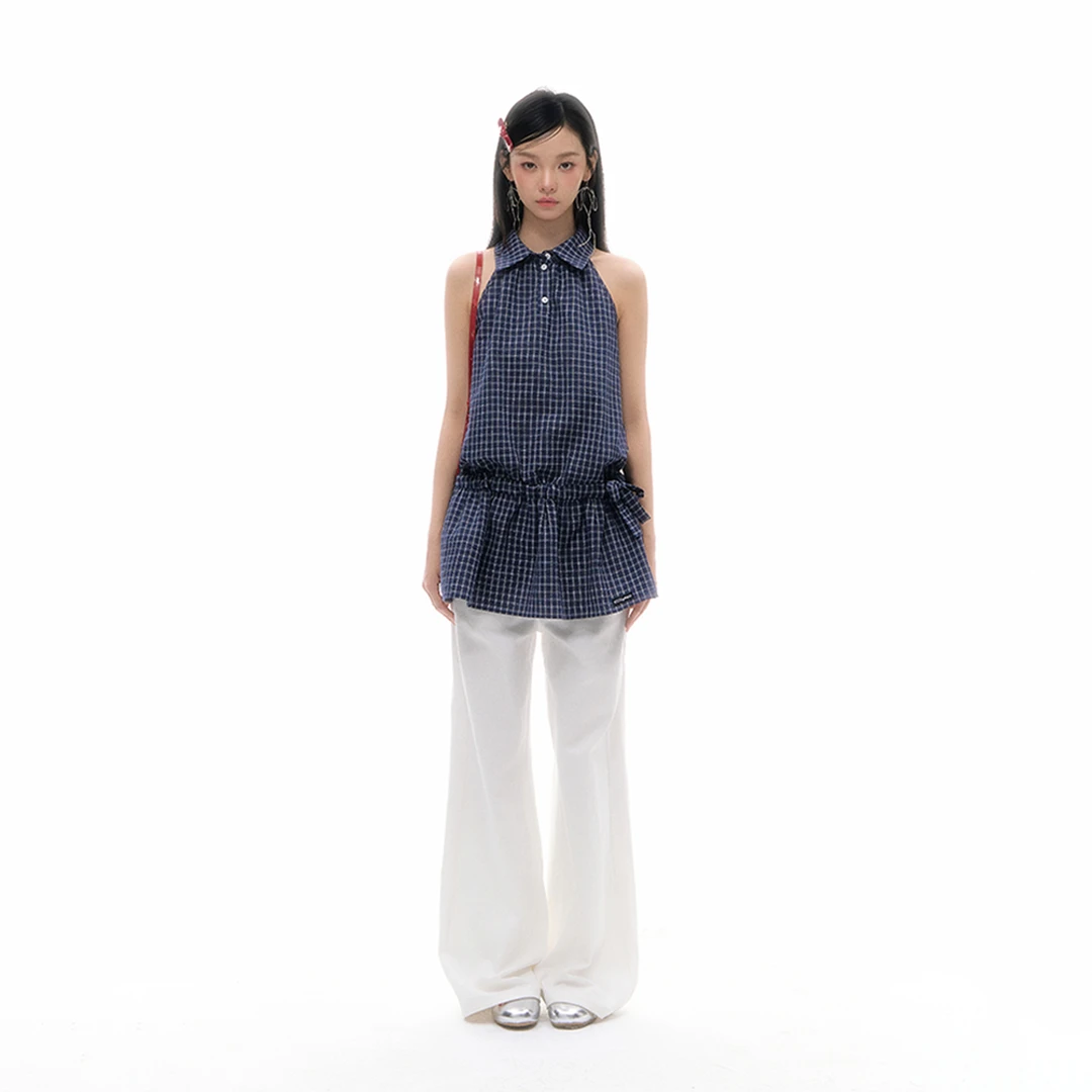 【七七】CyNi 蓝色格纹宽松显瘦娃娃裙短裙翻领抽褶无袖连衣裙上衣