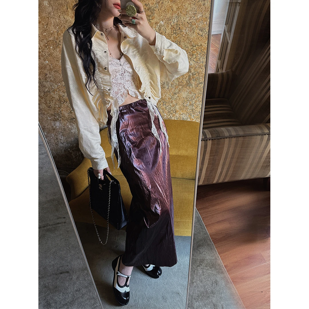 【云C专属】三吉黑花【旎光】压褶皮裙今年流行爆款半身裙A字长裙2024