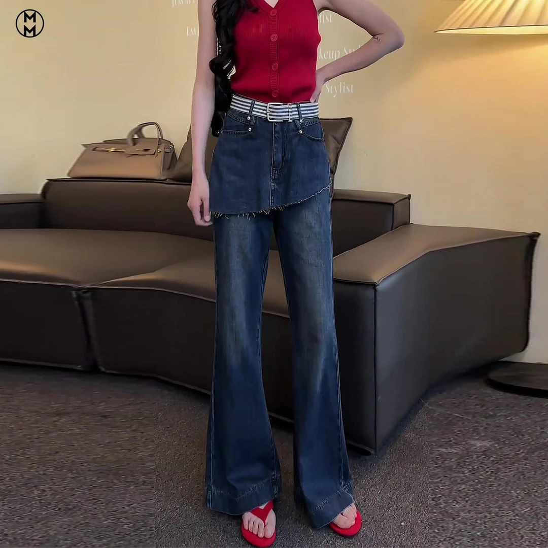 MM独特别致复古弯刀牛仔裤女夏薄款小个子高腰显瘦宽松假两件喇叭