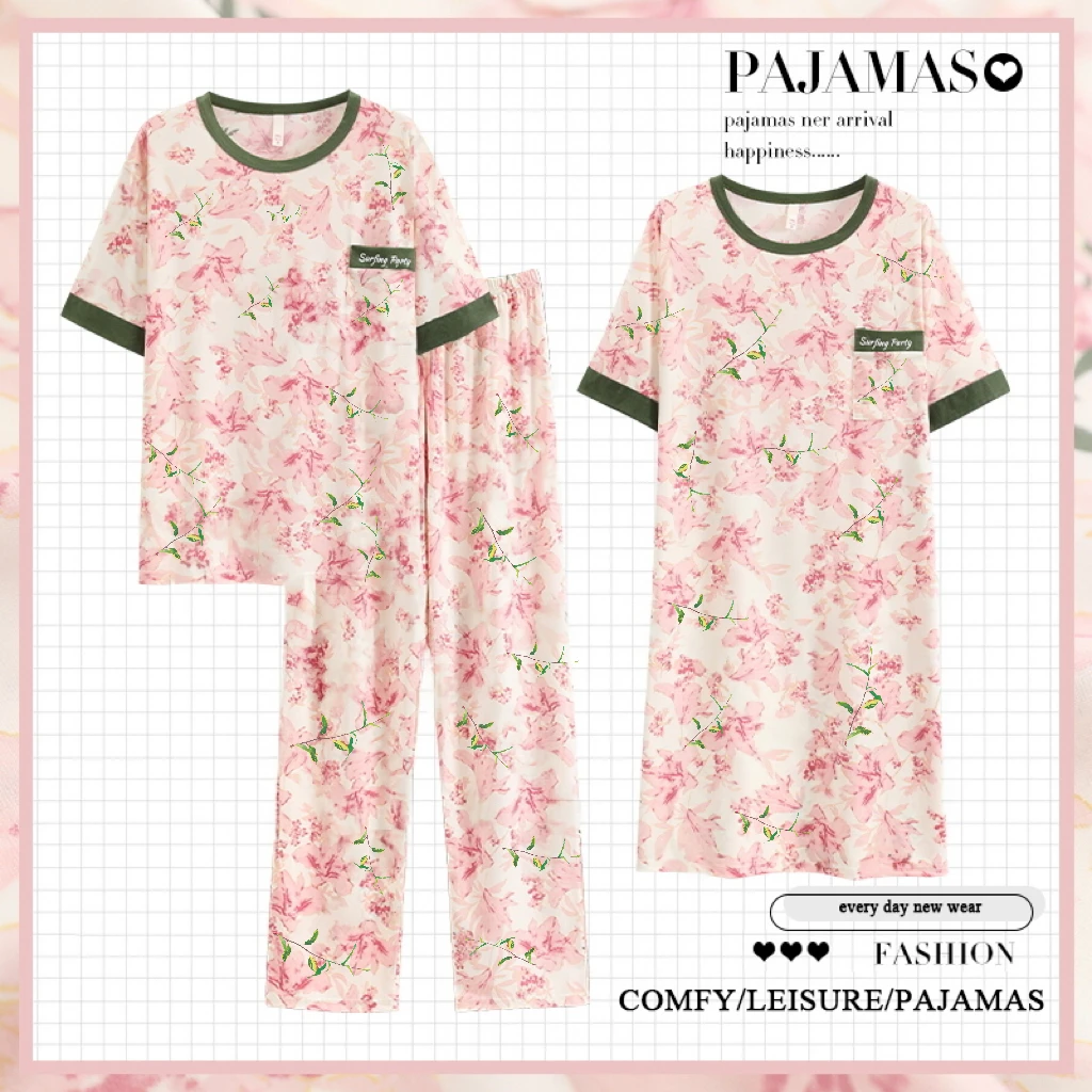 夏季三件套睡衣女士短袖长裤睡裙休闲款宽松可外穿家居服1024