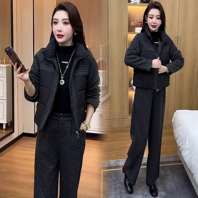 时尚套装女2025年冬季新款洋气毛呢拼接棉服外套阔腿裤两件套潮