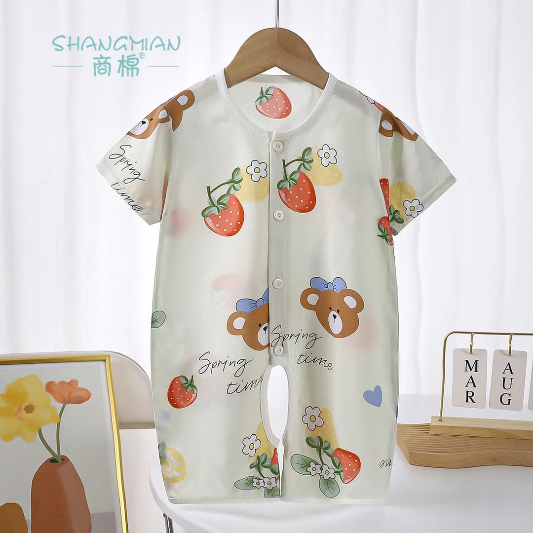 宝宝连体衣绵绸半袖夏天护肚空调服人造棉睡衣婴儿棉绸爬服夏薄款