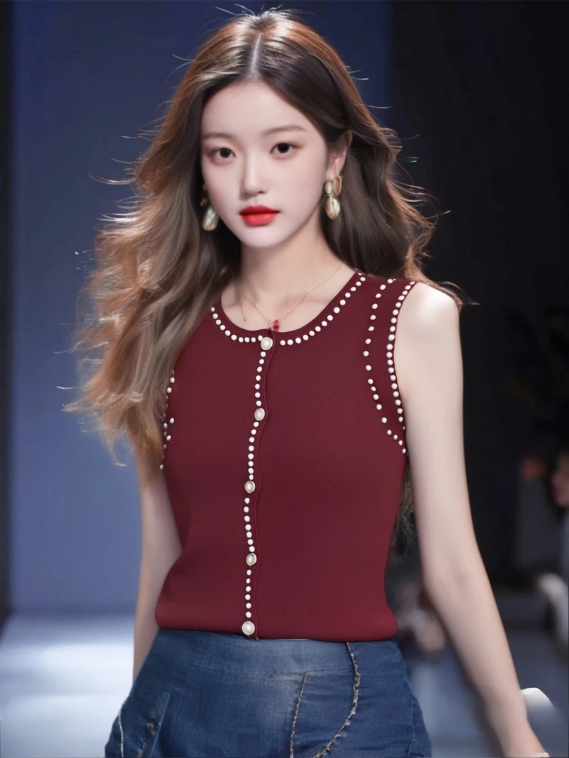 小香风重工钉珠单排扣冰丝无袖针织背心设计感薄款马甲圆领上衣女