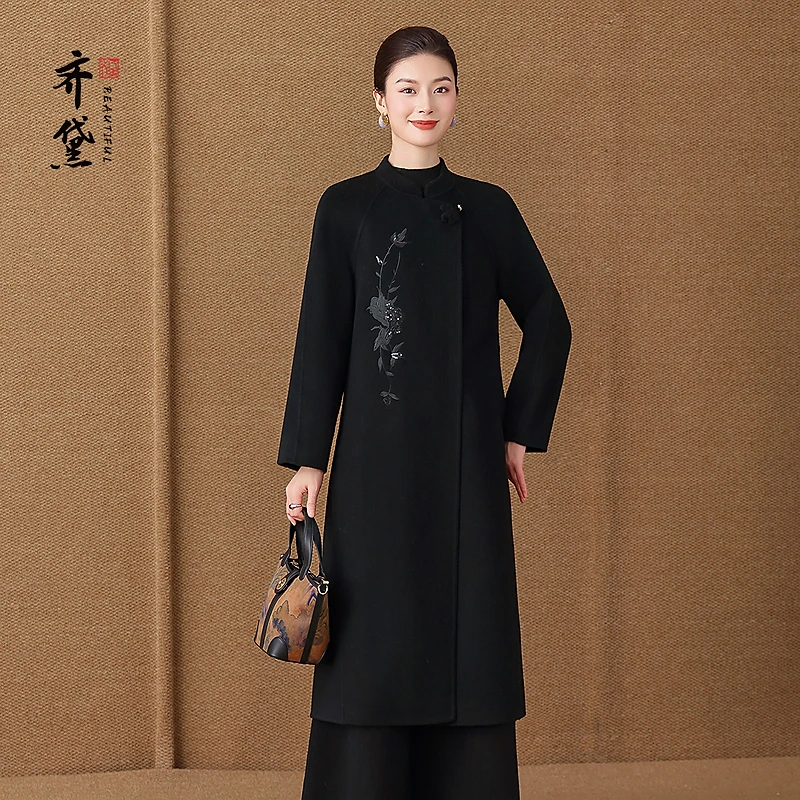 妈妈双面羊绒大衣女高端100纯羊毛2025新款加厚刺绣羊毛呢子外套