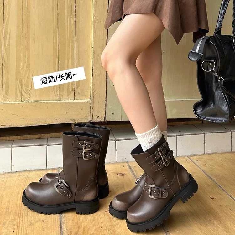英伦风复古西部牛仔靴女2024年秋季新款厚底金属皮带扣粗跟