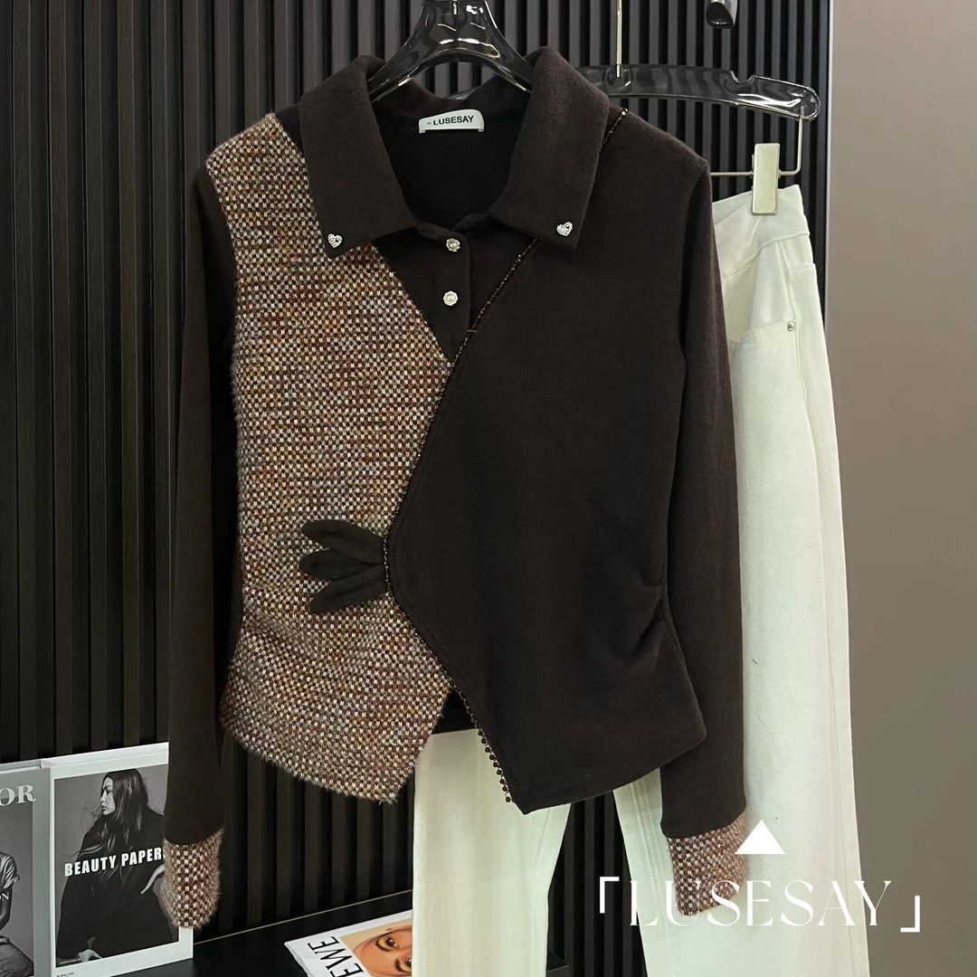 LUSESAY polo领拼色开叉串珠设计 2025秋冬新款百搭长袖女上衣