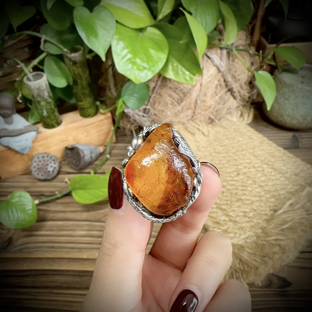【古香古色】复古s925银蜜蜡琥珀戒指（圈口可调节）