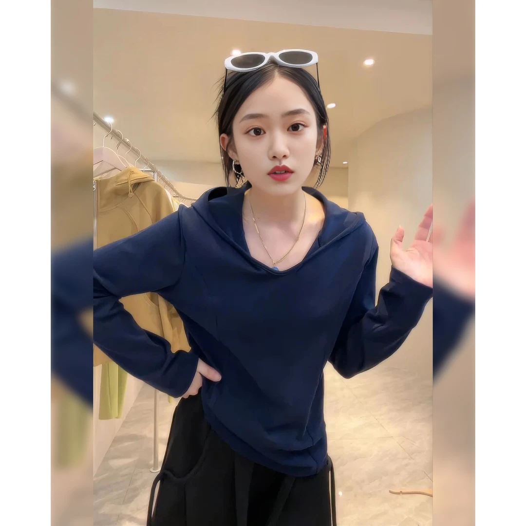 2025春秋连帽纯色长袖T恤女新款设计感收腰显瘦宽松百搭打底衫潮