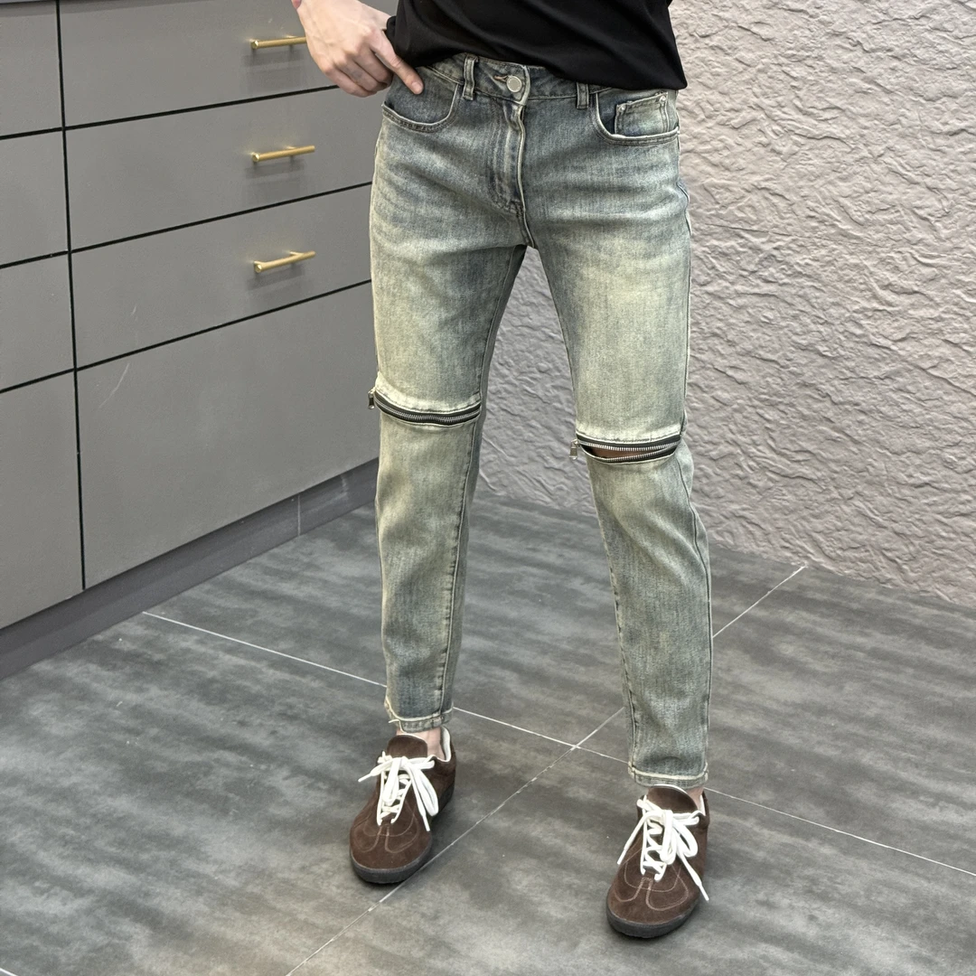 2025春季新款时尚休闲百搭拉链男士小脚九分牛仔裤Xz22