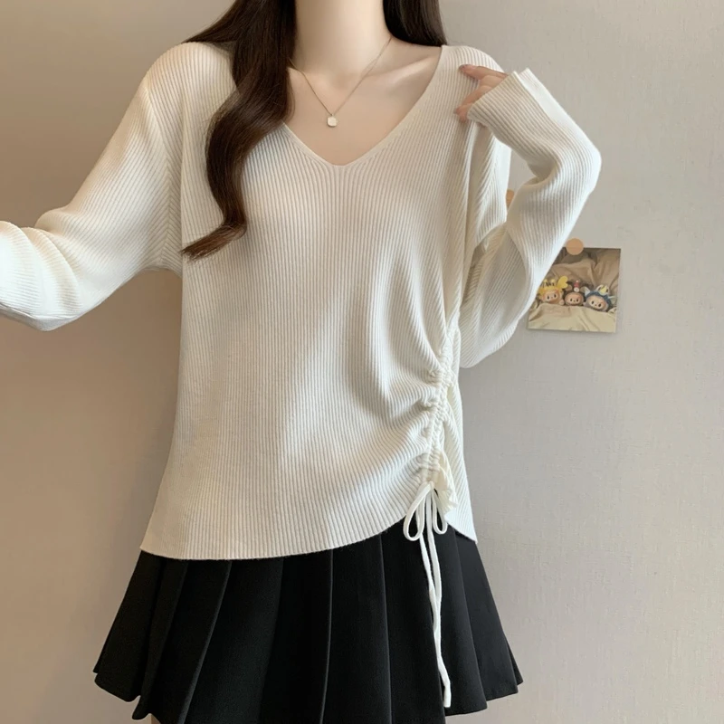 大码秋冬遮肚子显瘦长袖针织衫女胖mm韩版设计感抽绳v领打底上衣