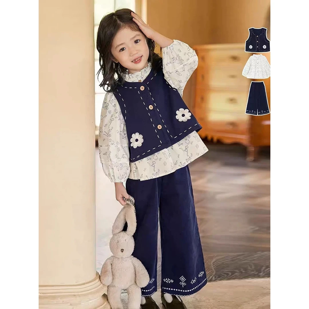 女童早秋一整套穿搭套装儿童宝宝超好看衬衫马甲三件套2025新款