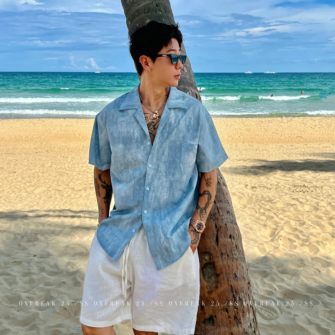 OXFREAK「冰蓝扎染 泡泡纱」老钱风古巴领褶皱短袖衬衫男宽松衬衣