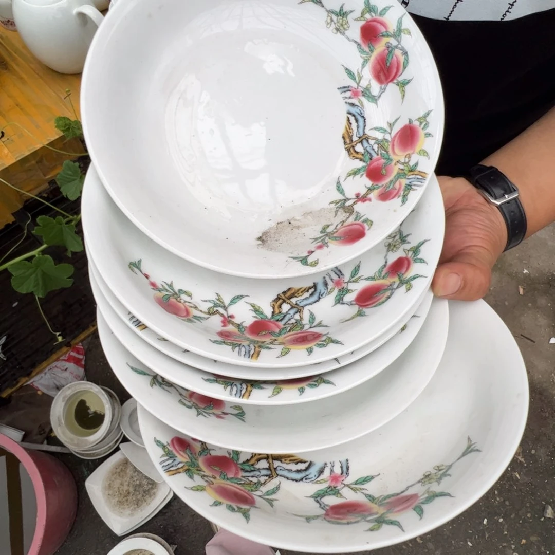 瓷片景德镇陶瓷粉桃8寸窝盘6只