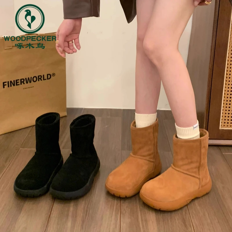 啄木鸟雪地靴女士2025冬季新款流行时尚复古百搭保暖厚底休闲棉靴