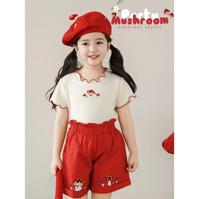 YOEHYAUL/幼悠【蘑菇屋】夏叁波女童洋气日系蘑菇兔绣花T恤潮 X5094