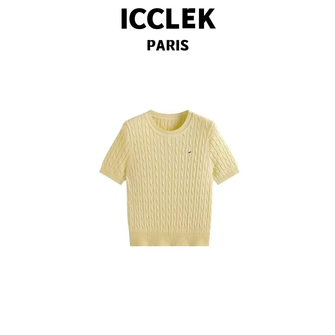 ICCLEK黄色圆领纯色短袖针织开衫 粉色 -1116