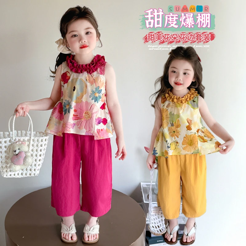 女童无袖套装洋气韩版儿童夏季碎花娃娃衫休闲裤子两件套小女孩潮