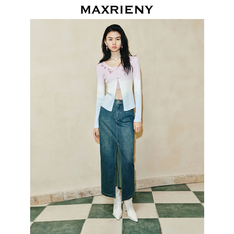 【东方玉兰-商场同款新品】MAXRIENY精致复古感开衩牛仔半裙2024春