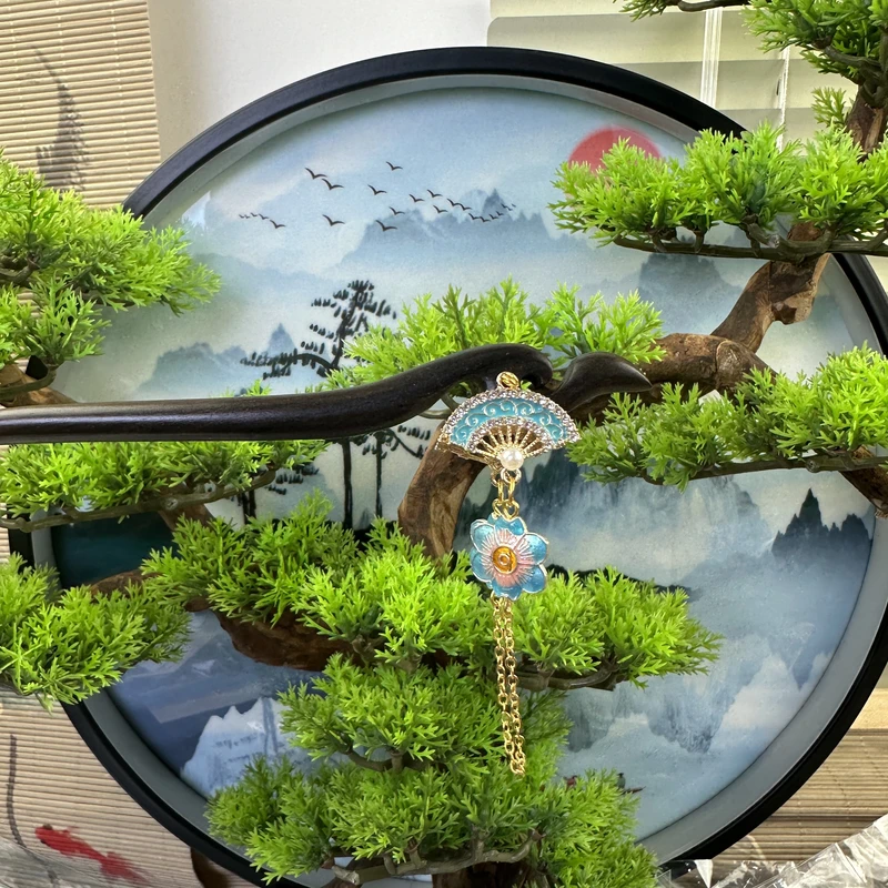 X175双面扇子旗袍头饰发饰复古古风手工气质黑色国风简约手工发簪