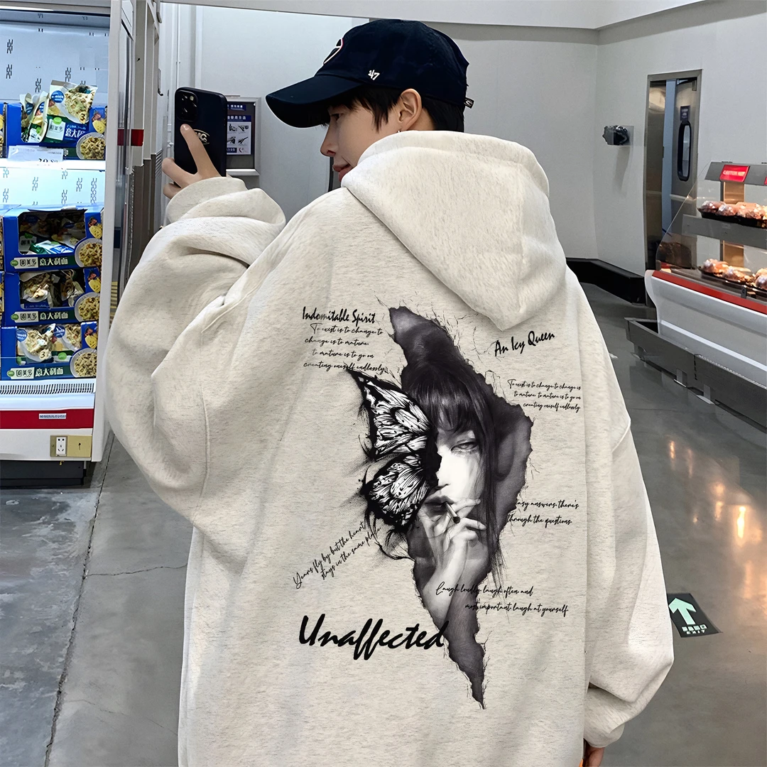 国潮加绒加厚重磅连帽卫衣蝴蝶女印花潮牌秋冬新款男女装宽松外套