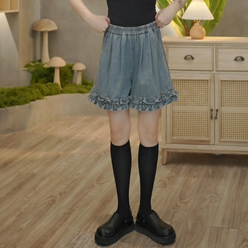 6752 夏季新款时尚百搭木耳边牛仔短裤女宽松高腰显瘦短裤女