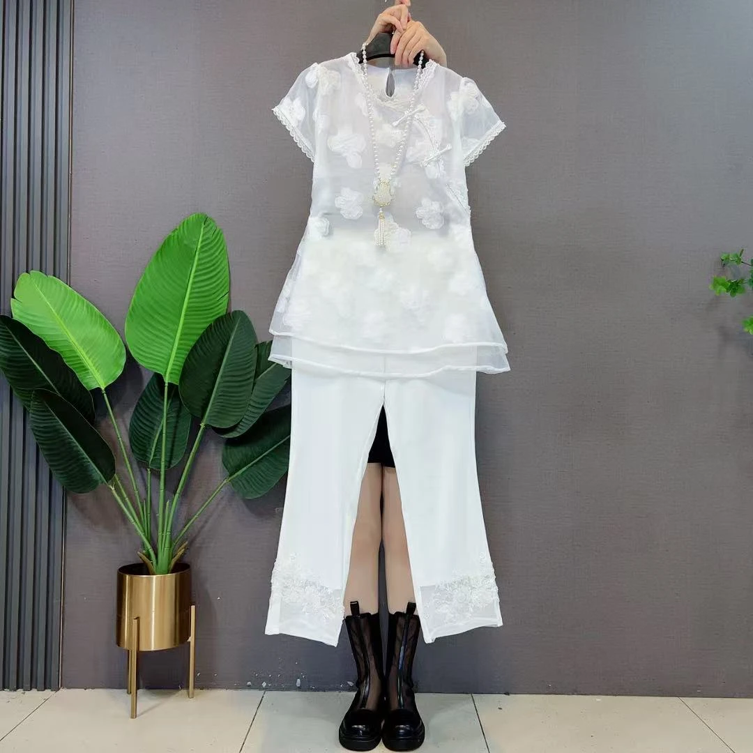 欧货加肥女复古盘扣花朵上衣宽松遮胯简约夏季款松紧腰花朵裤子