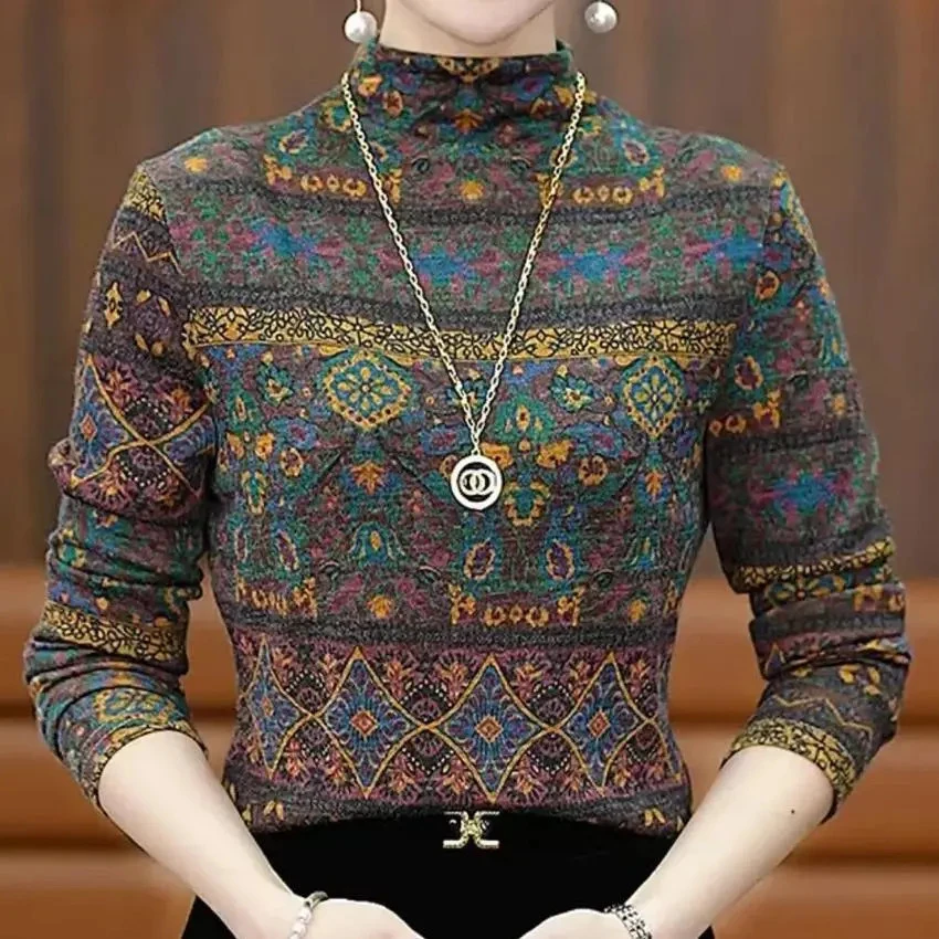 2025冬季爆款加绒半高领洋气条纹长袖打底衫女气质修身内搭上衣