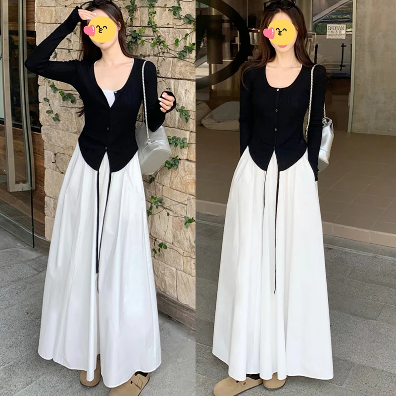 大码女装白色吊带连衣裙女高级感早秋胖mm遮肚显瘦A字裙开衫套装