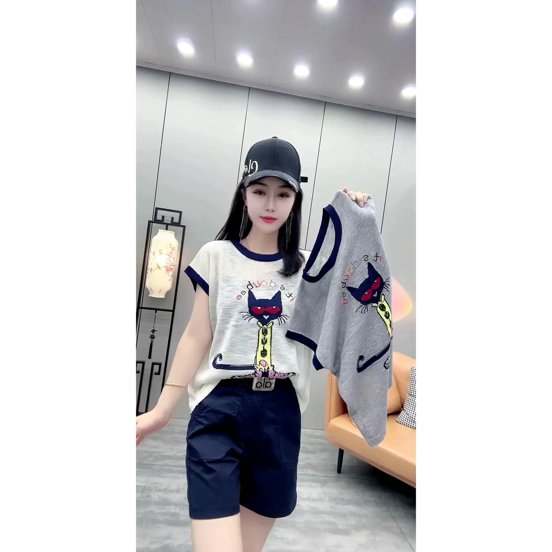 夏季新款时尚百搭刺绣卡通小猫撞色圆领短袖针织衫