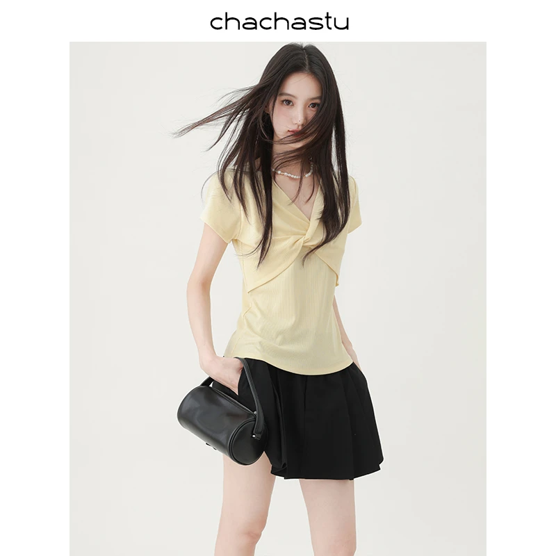 CHACHASTU【出游】层次假两件设计 立体扭结显瘦短袖ZRS1741