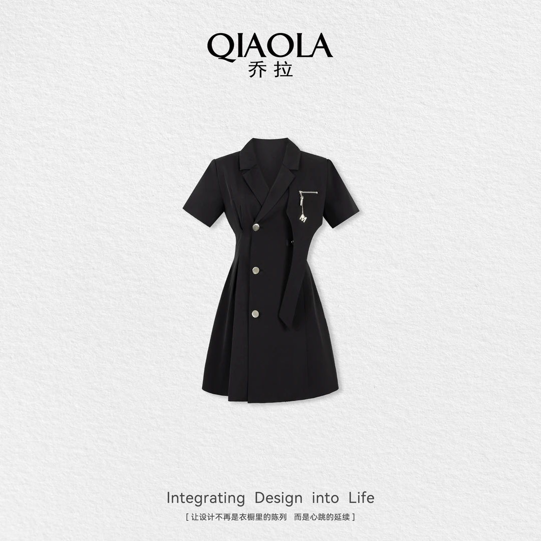 QIAOLA/乔拉【暗夜裁云】夏季新款简约透气显瘦黑色西装连衣裙预售